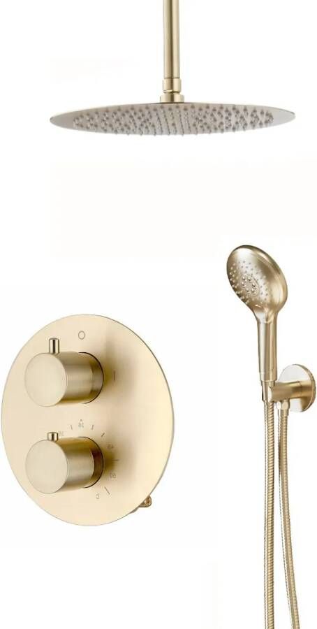 Saniclear Brass inbouw regendouche rond met 20cm hoofddouche plafondarm en 2 standen handdouche geborsteld messing mat goud
