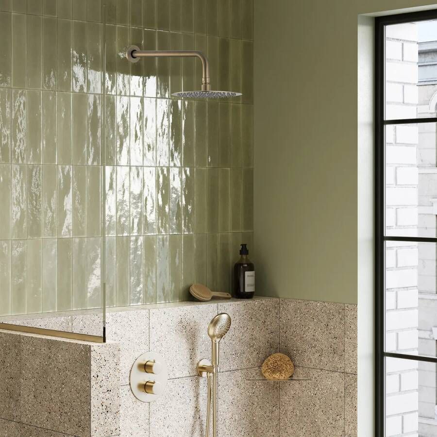 Saniclear Brass inbouw regendouche rond met 30cm hoofddouche wandarm en 2 standen handdouche geborsteld messing mat goud