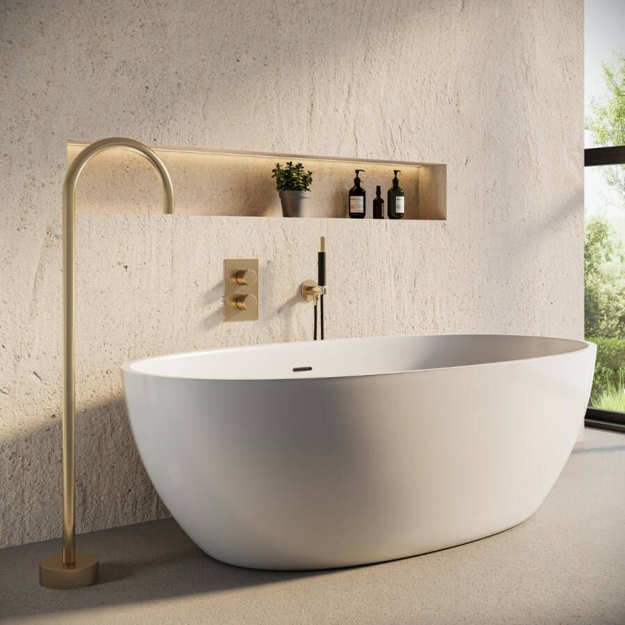Saniclear Brass Pro inbouw badkraan met vrijstaande uitloop geborsteld messing mat goud