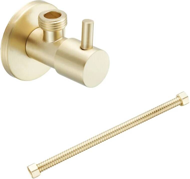 Saniclear Brass set van hoekstopkraan en aansluitslang geborsteld messing mat goud