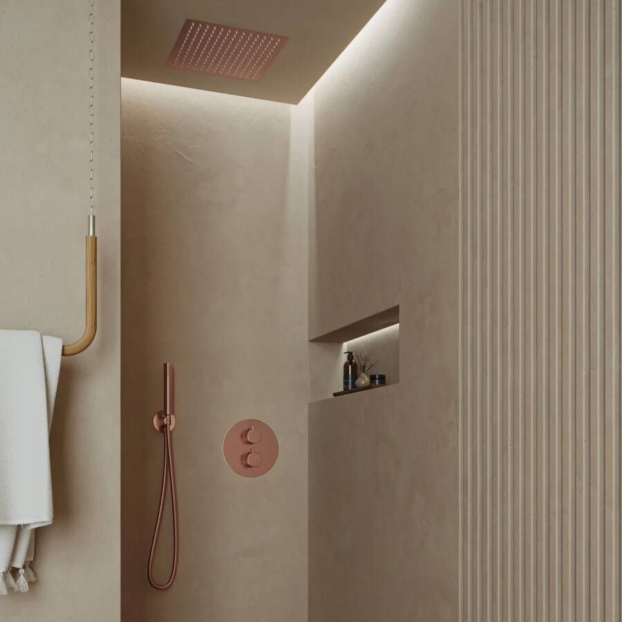 Saniclear Cube inbouw regendouche rond met inbouw douchekop 30x30cm en staafhanddouche geborsteld koper