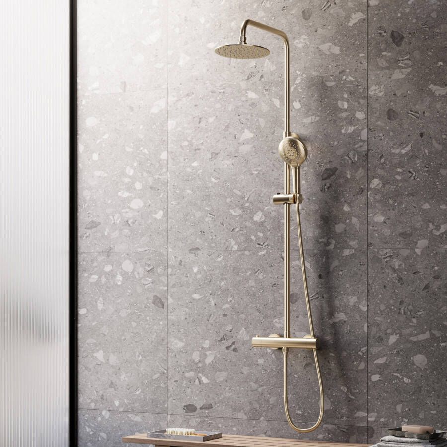 Saniclear Evolution opbouw regendouche met 20cm hoofddouche en 2 standen handdouche geborsteld messing