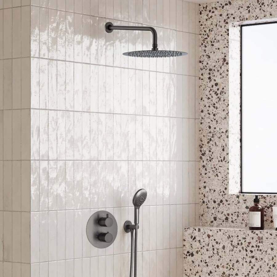 Saniclear Iron inbouw regendouche rond met 20cm hoofddouche wandarm en 2 standen handdouche verouderd ijzer gunmetal