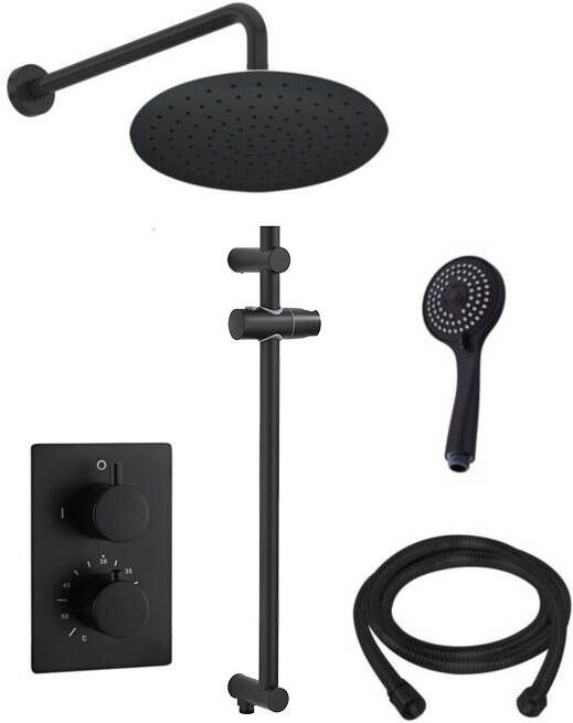 Saniclear Nero inbouwregendouche 20cm met wandarm 3 standen handdouche en glijstang zwart mat