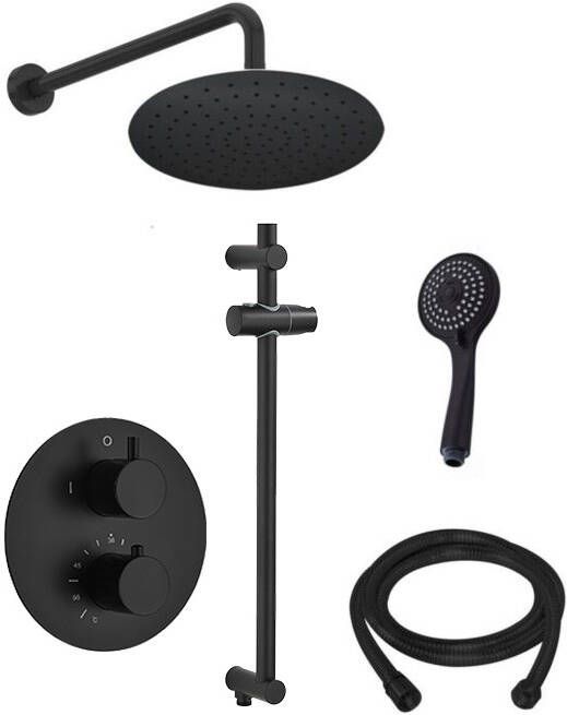 Saniclear Nero inbouwregendouche 20cm rond met wandarm 3 standen handdouche en glijstang zwart mat