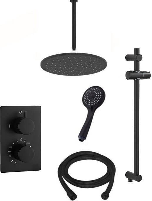 Saniclear Nero inbouwregendouche 30cm met plafondarm 3 standen handdouche en glijstang zwart mat