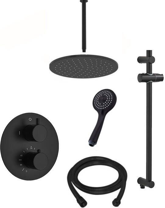 Saniclear Nero inbouwregendouche 30cm rond met plafondarm 3 standen handdouche en glijstang zwart mat