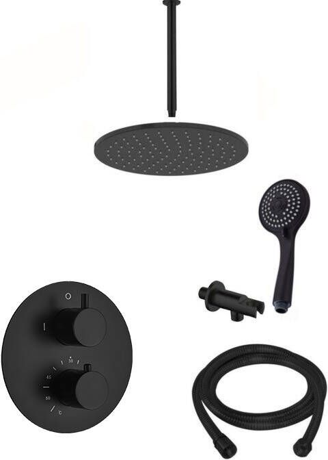 Saniclear Nero inbouwregendouche 30cm rond met plafondarm en 3 standen handdouche zwart mat