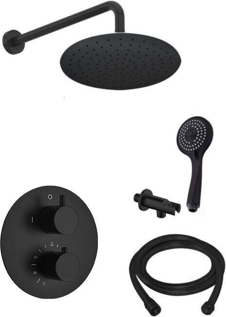 Saniclear Nero inbouwregendouche 30cm rond met wandarm en 3 standen handdouche zwart mat
