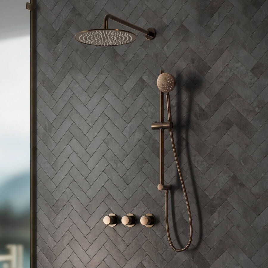 Saniclear Plus inbouw regendouche met 30cm hoofddouche muurarm en glijstang verouderd messing