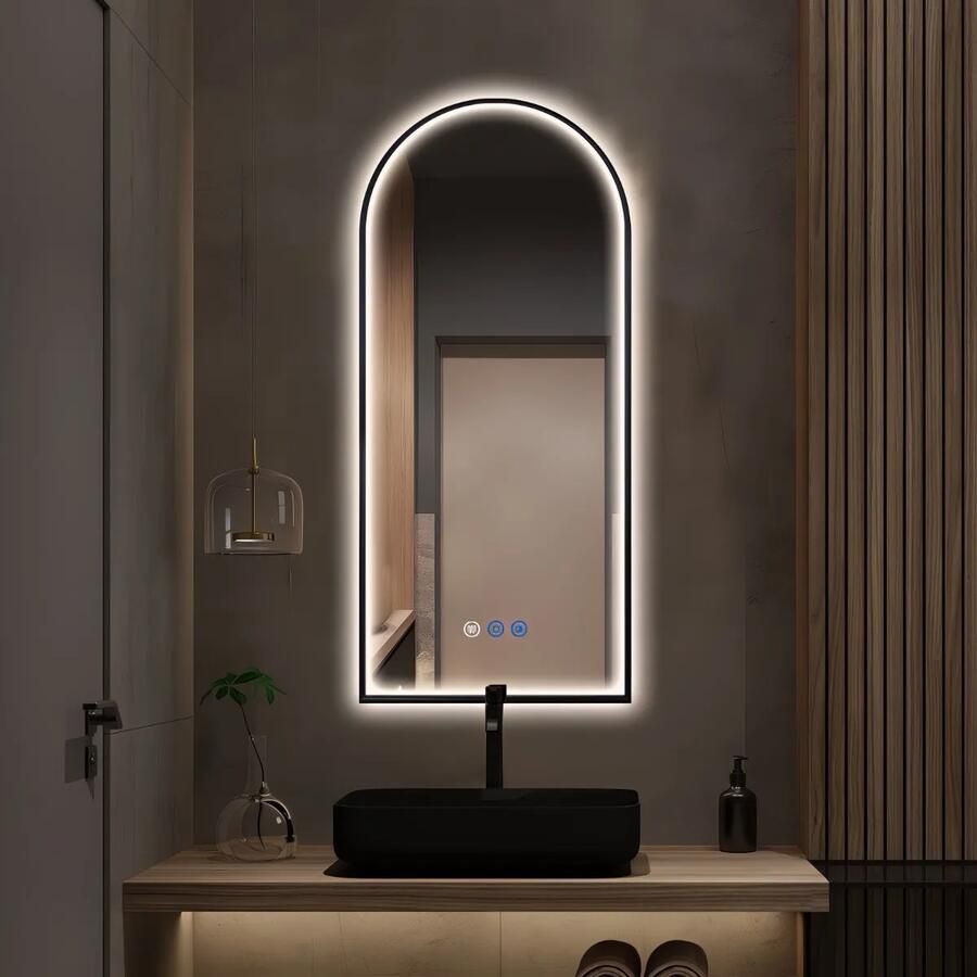 Saniclear Arc 2.0 toog spiegel met zwarte lijst 45x100cm met verwarming direct en indirect licht