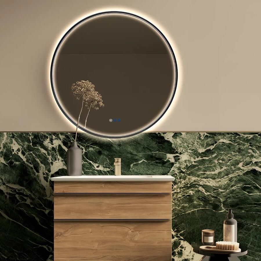Saniclear Circle Black 2.0 ronde spiegel met verwarming direct en indirect licht mat zwart 60cm
