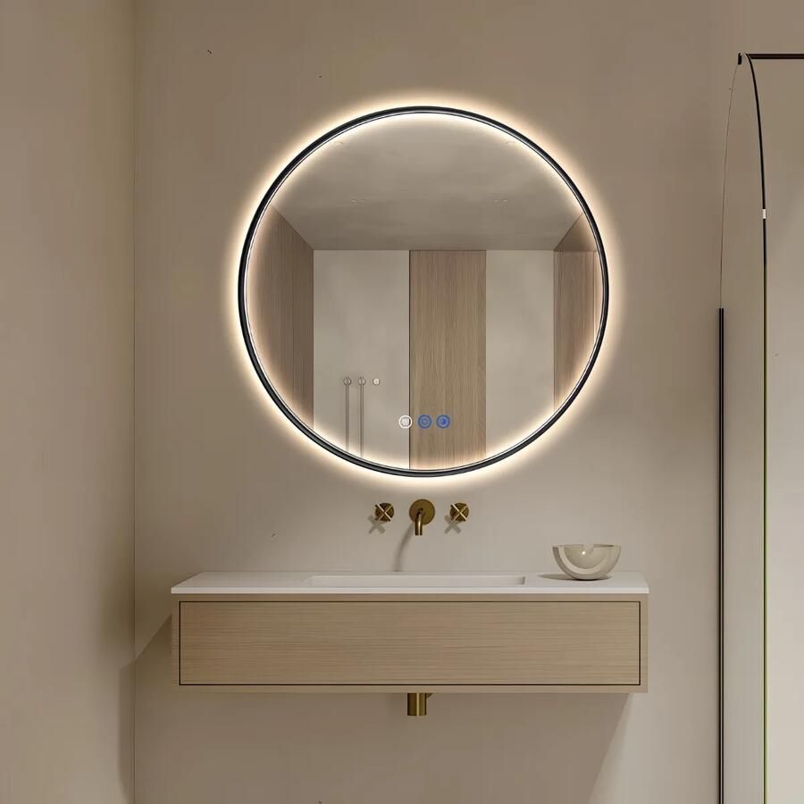 Saniclear Circle Black 2.0 ronde spiegel met verwarming direct en indirect licht mat zwart 70cm