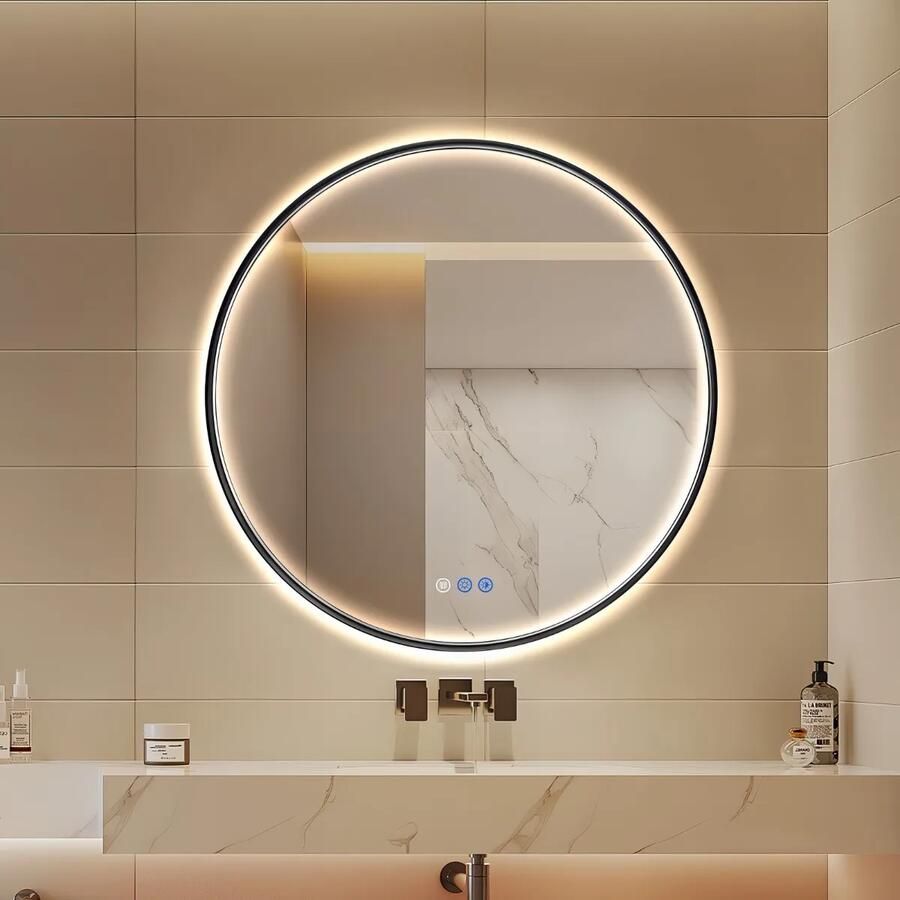 Saniclear Circle Black 2.0 ronde spiegel met verwarming direct en indirect licht mat zwart 80cm