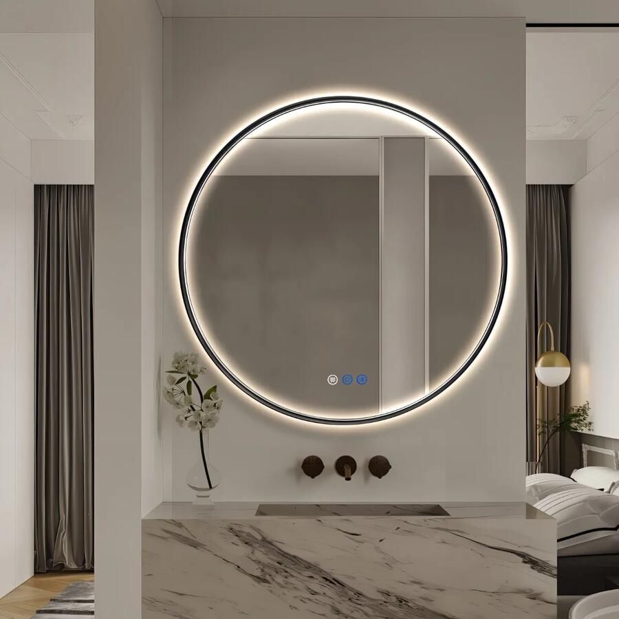 Saniclear Circle Black 2.0 ronde spiegel met verwarming direct en indirect licht mat zwart 90cm