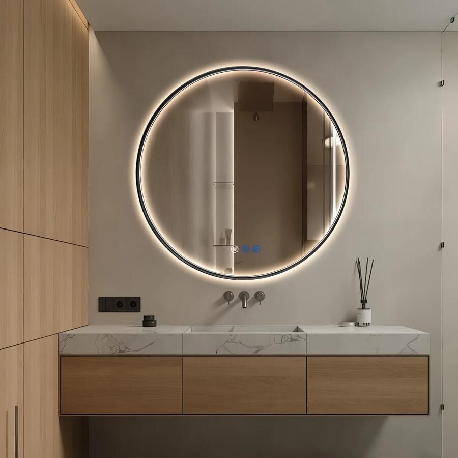 Saniclear Circle Black 2.0 ronde spiegel met verwarming direct en indirect licht mat zwart 100cm