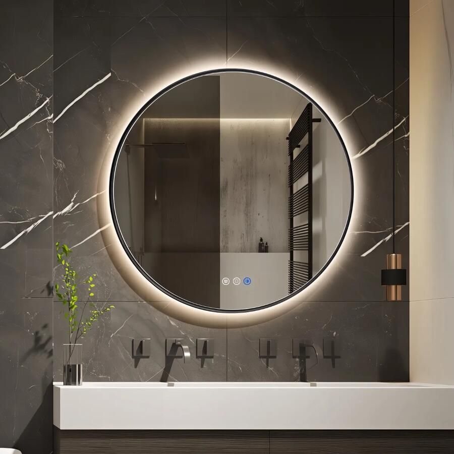 Saniclear Circle Black 2.0 ronde spiegel met verwarming direct en indirect licht mat zwart 120cm