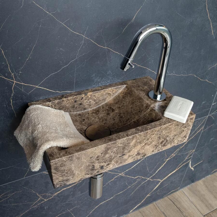 Saniclear Dark Emperador fonteinset met gebogen kraan in chroom