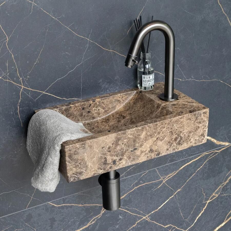 Saniclear Dark Emperador fonteinset met gebogen kraan in gunmetal