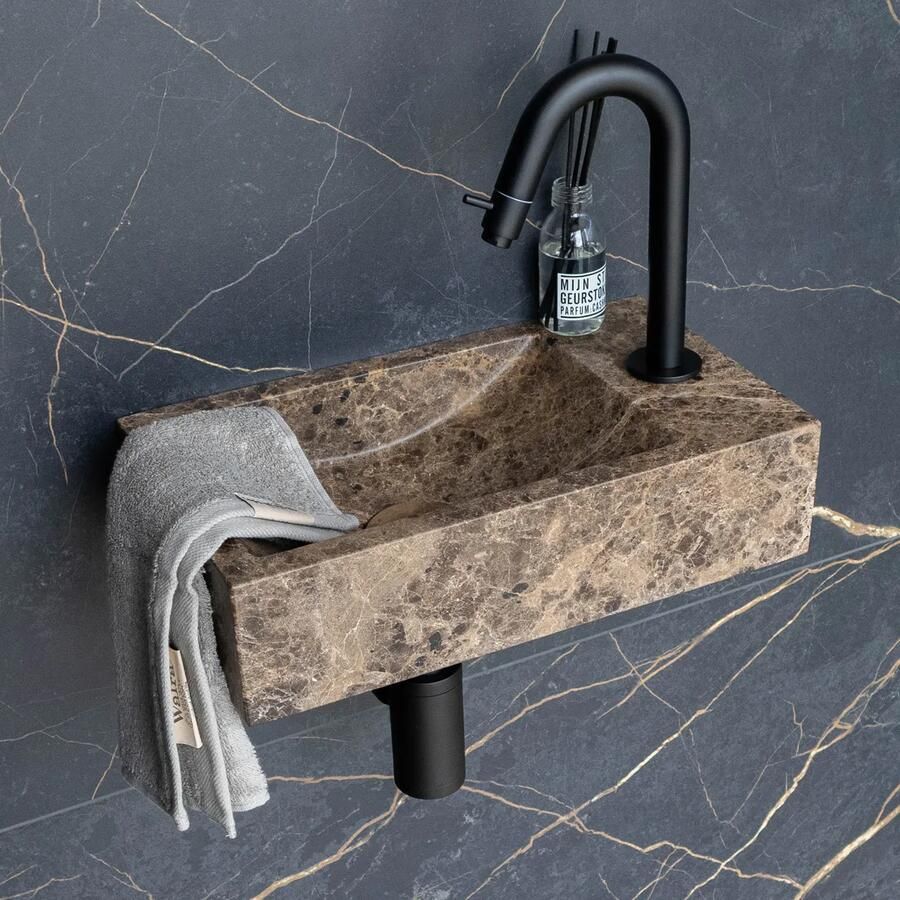 Saniclear Dark Emperador fonteinset met gebogen kraan in mat zwart