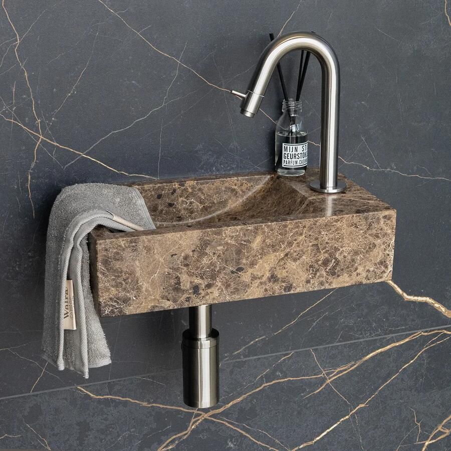 Saniclear Dark Emperador fonteinset met gebogen kraan in RVS