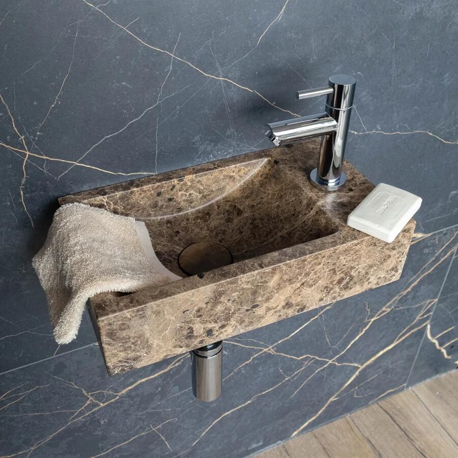 Saniclear Dark Emperador fonteinset met rechte kraan in chroom