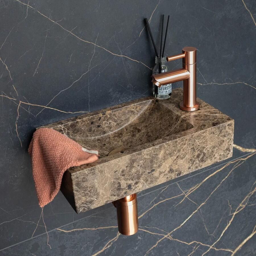 Saniclear Dark Emperador fonteinset met rechte kraan in geborsteld koper