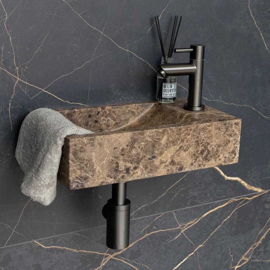 Saniclear Dark Emperador fonteinset met rechte kraan in gunmetal