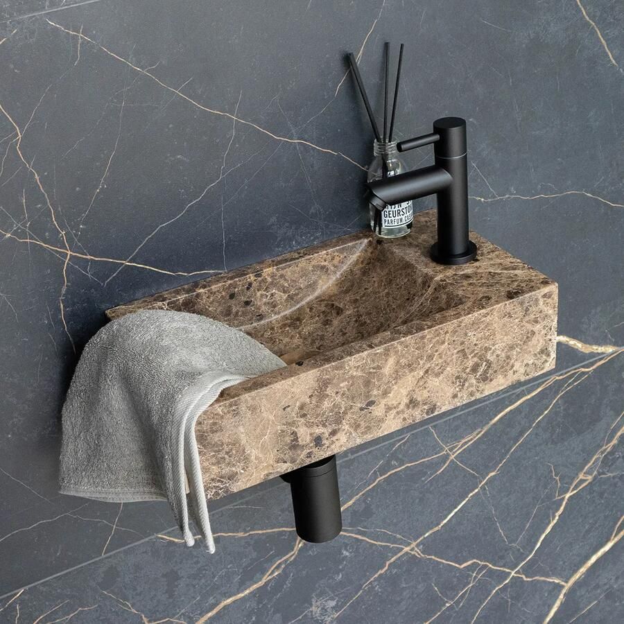 Saniclear Dark Emperador fonteinset met rechte kraan in mat zwart