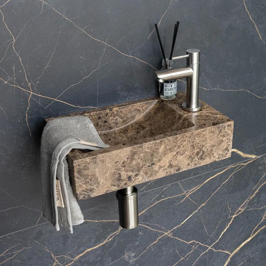 Saniclear Dark Emperador fonteinset met rechte kraan in RVS