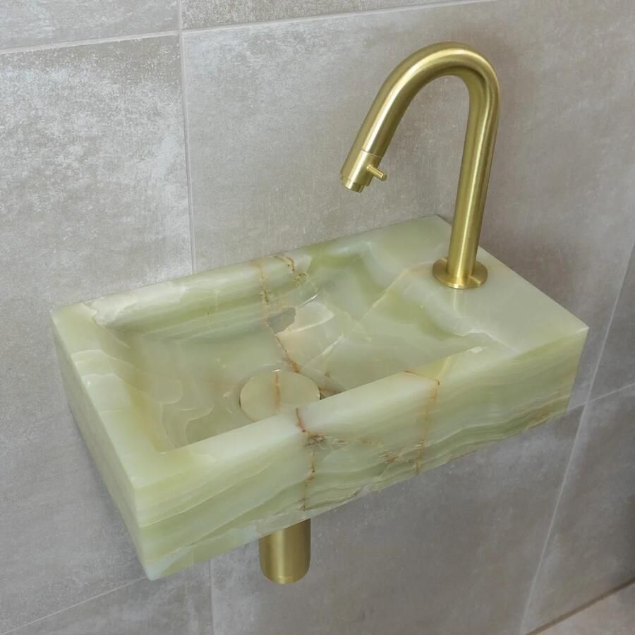 Saniclear Green Onyx fonteinset met gebogen kraan in geborsteld messing