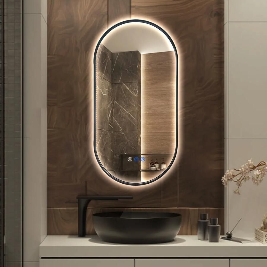 Saniclear Parma Black 2.0 ovale spiegel met verwarming direct en indirect licht mat zwart 100x50cm