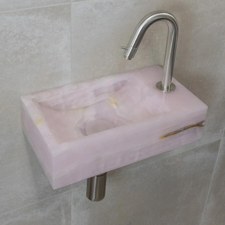 Saniclear Pink Onyx fonteinset met gebogen kraan in RVS