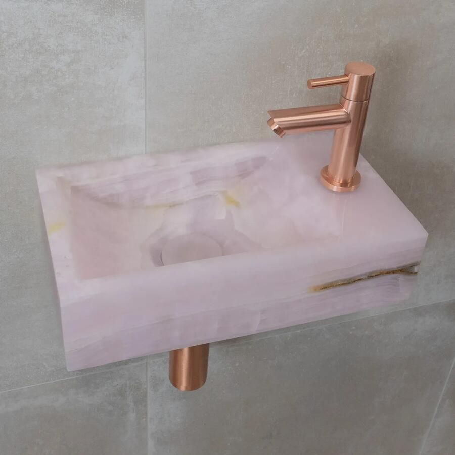 Saniclear Pink Onyx fonteinset met rechte kraan in geborsteld koper