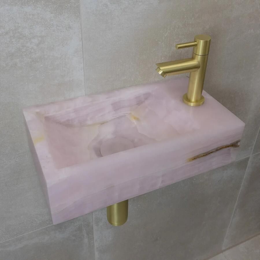 Saniclear Pink Onyx fonteinset met rechte kraan in geborsteld messing