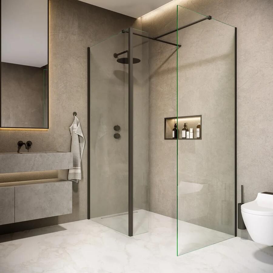 Saniclear Rivo inloop douchecabine 140x100cm met 30cm zijwand en 60cm vrije inloop mat zwart