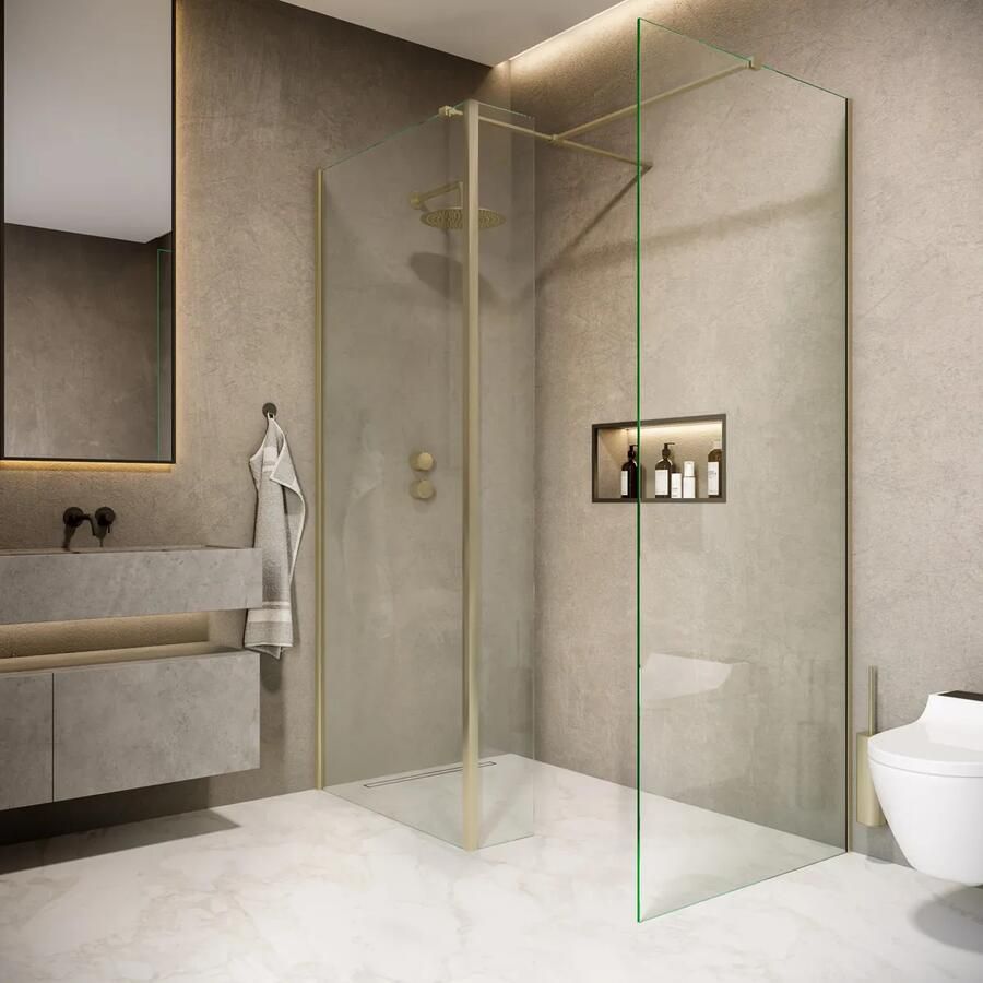 Saniclear Rivo inloop douchecabine 150x100cm met 40cm zijwand en 60cm vrije inloop geborsteld messing mat goud