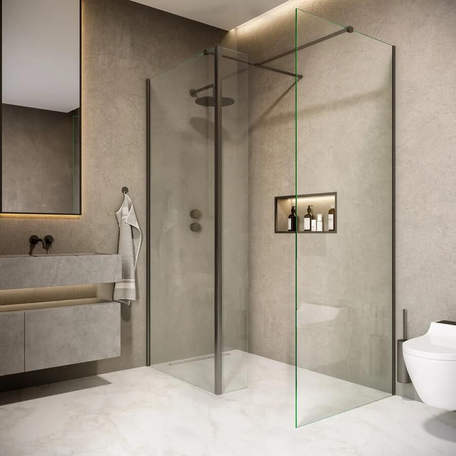 Saniclear Rivo inloop douchecabine 160x100cm met 30cm zijwand en 60cm vrije inloop verouderd ijzer gunmetal