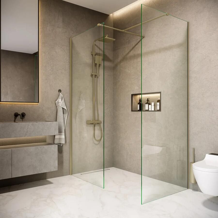 Saniclear Rivo inloop douchecabine 170x100cm met 60cm vrije inloop geborsteld messing mat goud