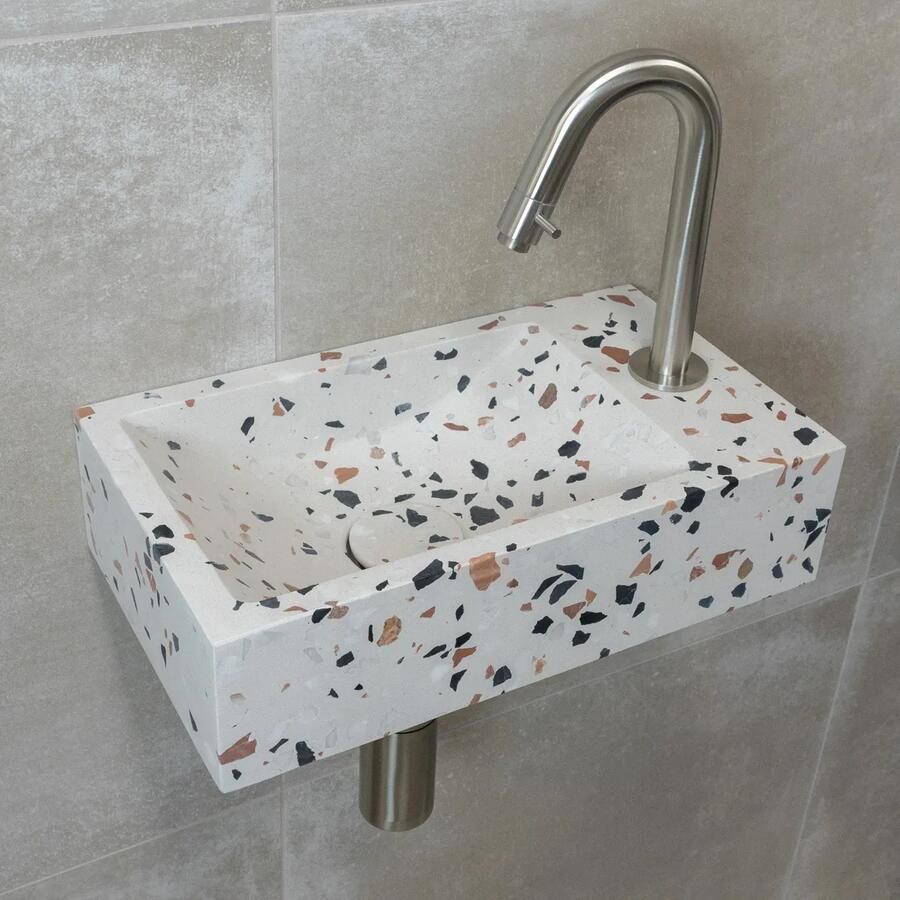 Saniclear Terrazzo fonteinset met gebogen kraan in RVS