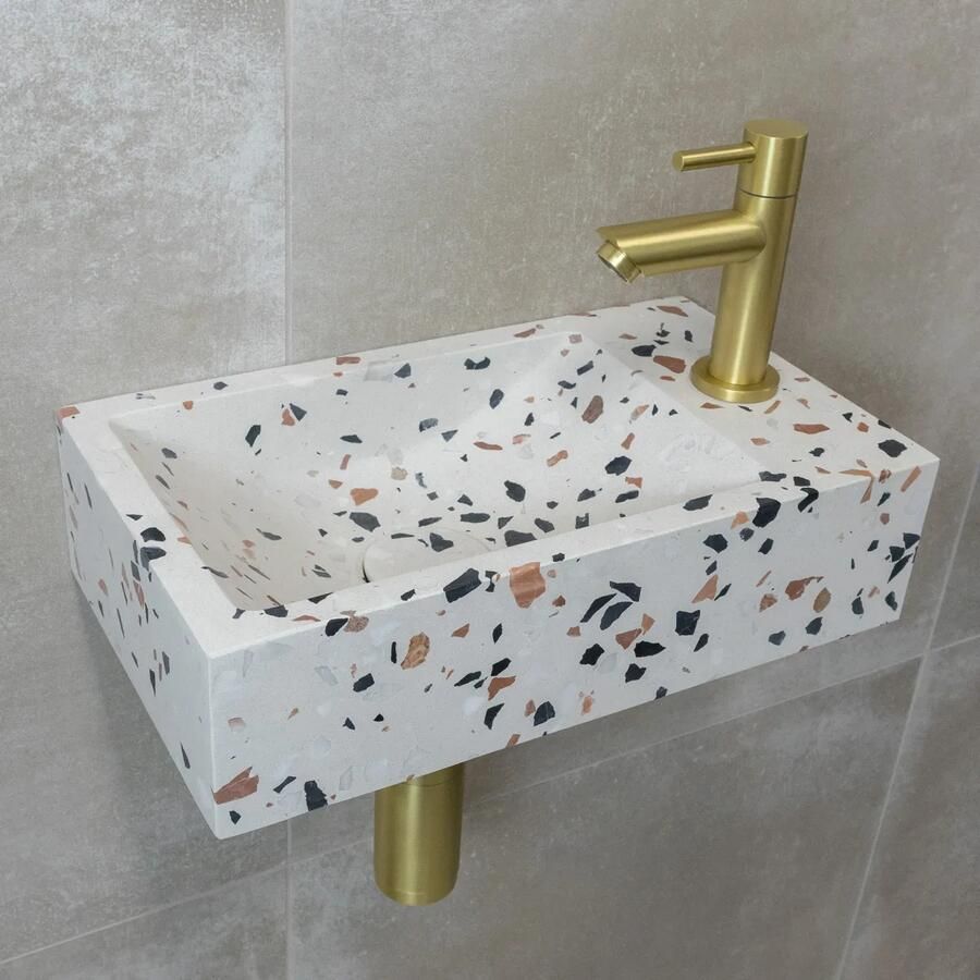 Saniclear Terrazzo fonteinset met rechte kraan in geborsteld messing