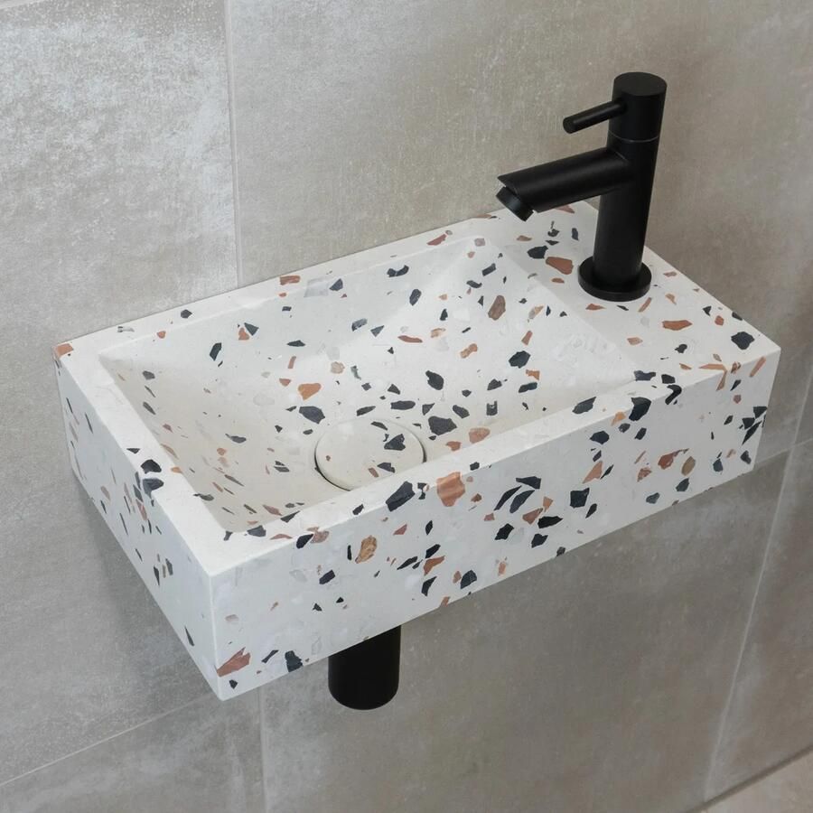 Saniclear Terrazzo fonteinset met rechte kraan in mat zwart