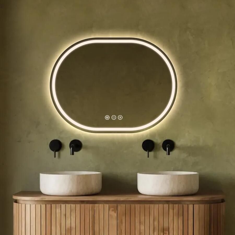 Saniclear Triova ovale spiegel 80x60cm met verwarming directe en indirecte verlichting