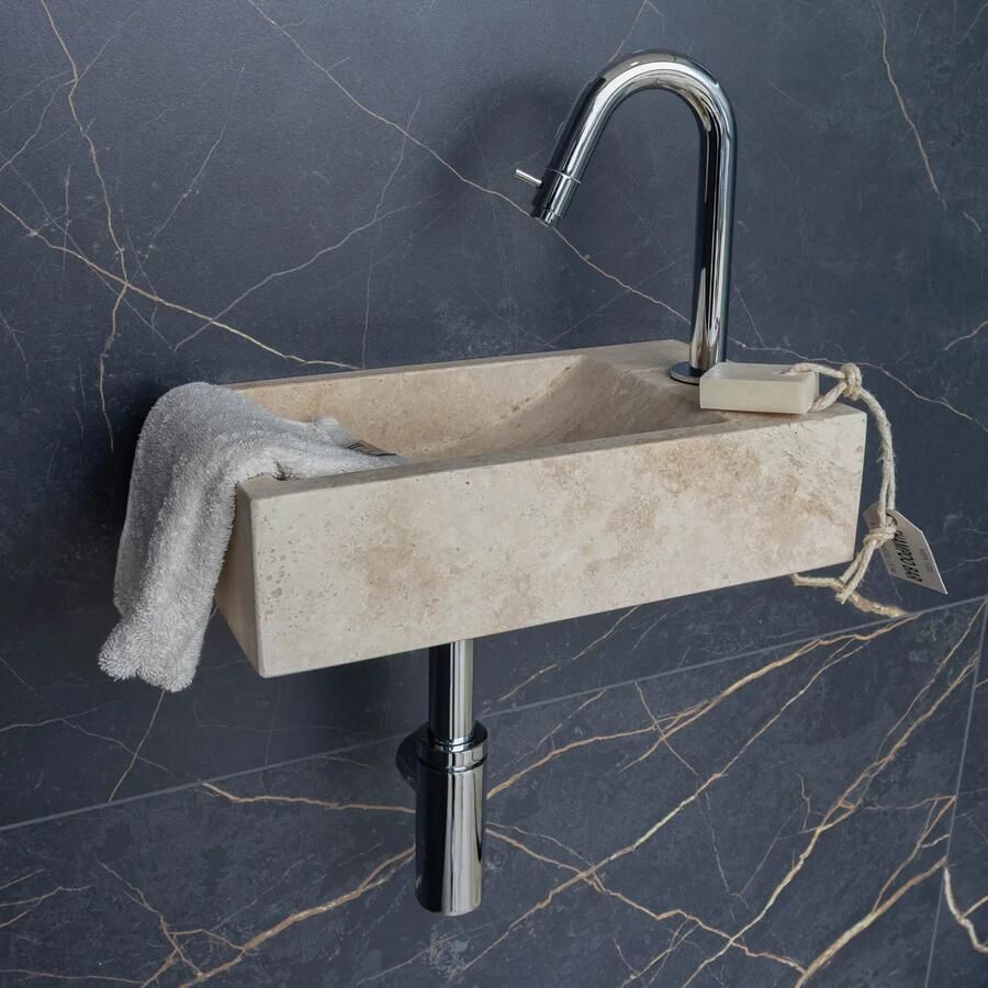 Saniclear White Travertin fonteinset met gebogen kraan in chroom