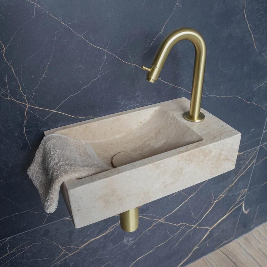 Saniclear White Travertin fonteinset met gebogen kraan in geborsteld messing