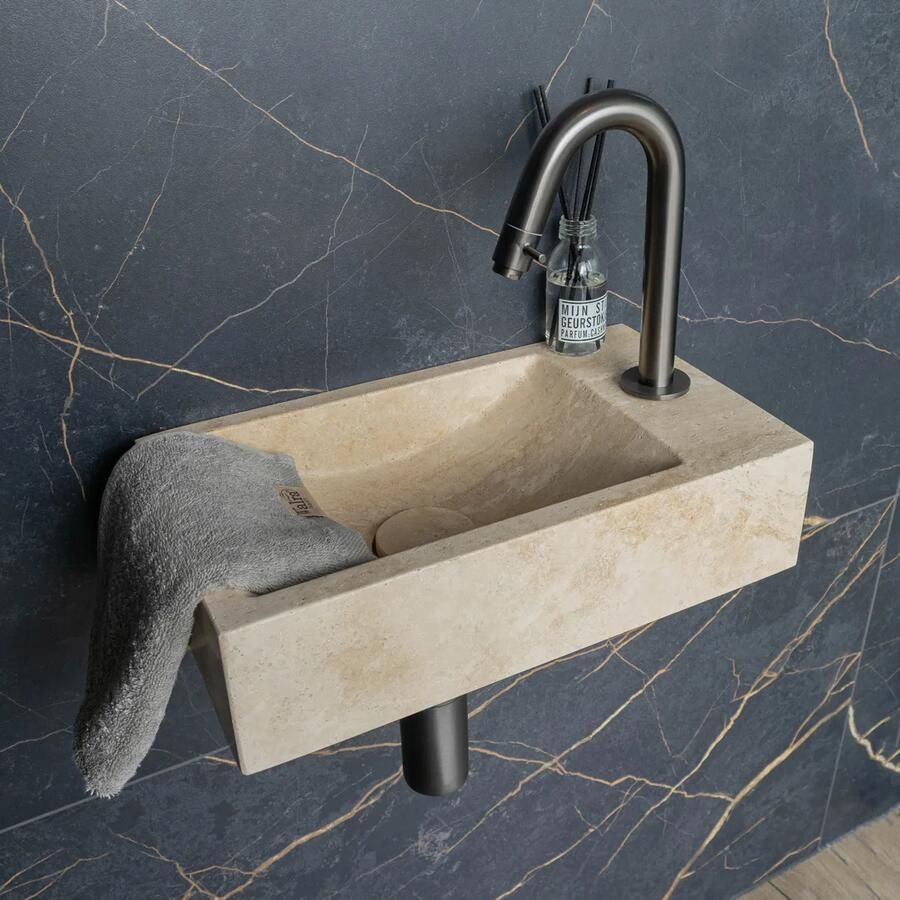 Saniclear White Travertin fonteinset met gebogen kraan in gunmetal