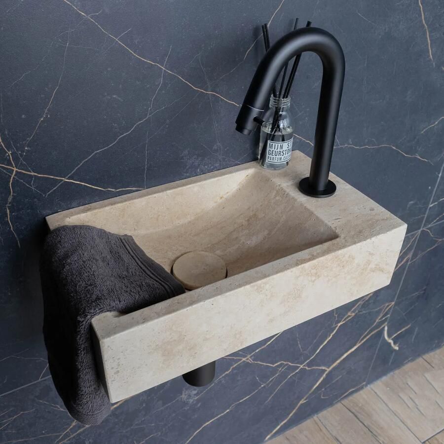 Saniclear White Travertin fonteinset met gebogen kraan in mat zwart