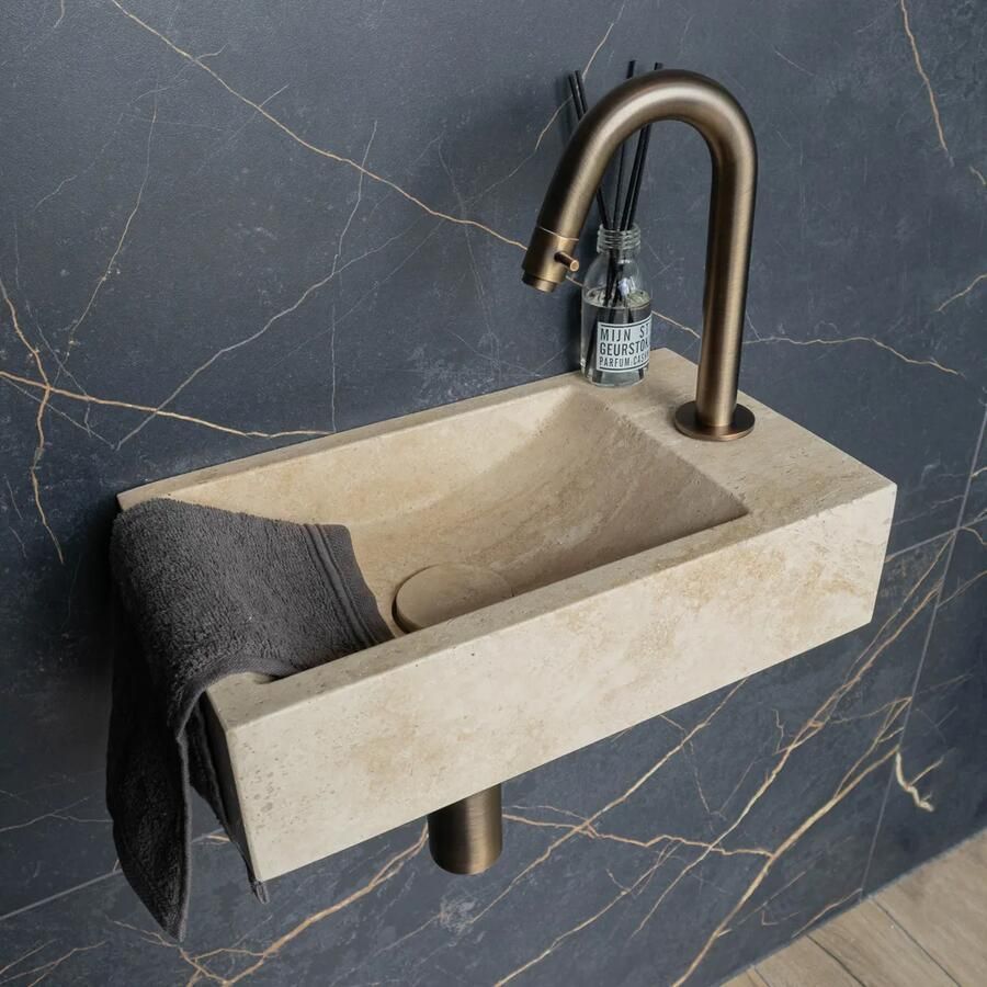 Saniclear White Travertin fonteinset met gebogen kraan in verouderd messing