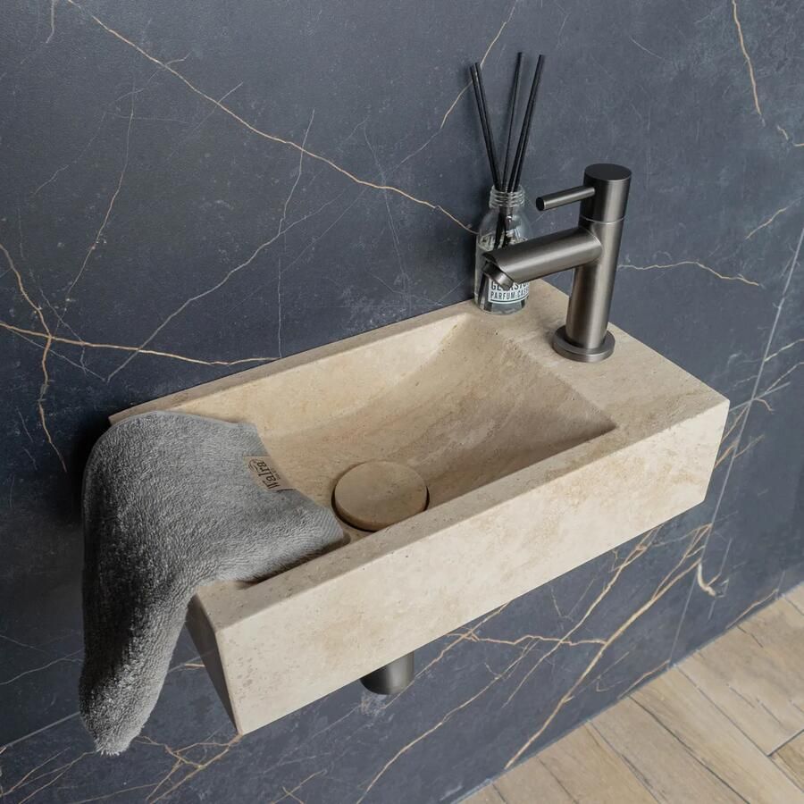 Saniclear White Travertin fonteinset met rechte kraan in gunmetal