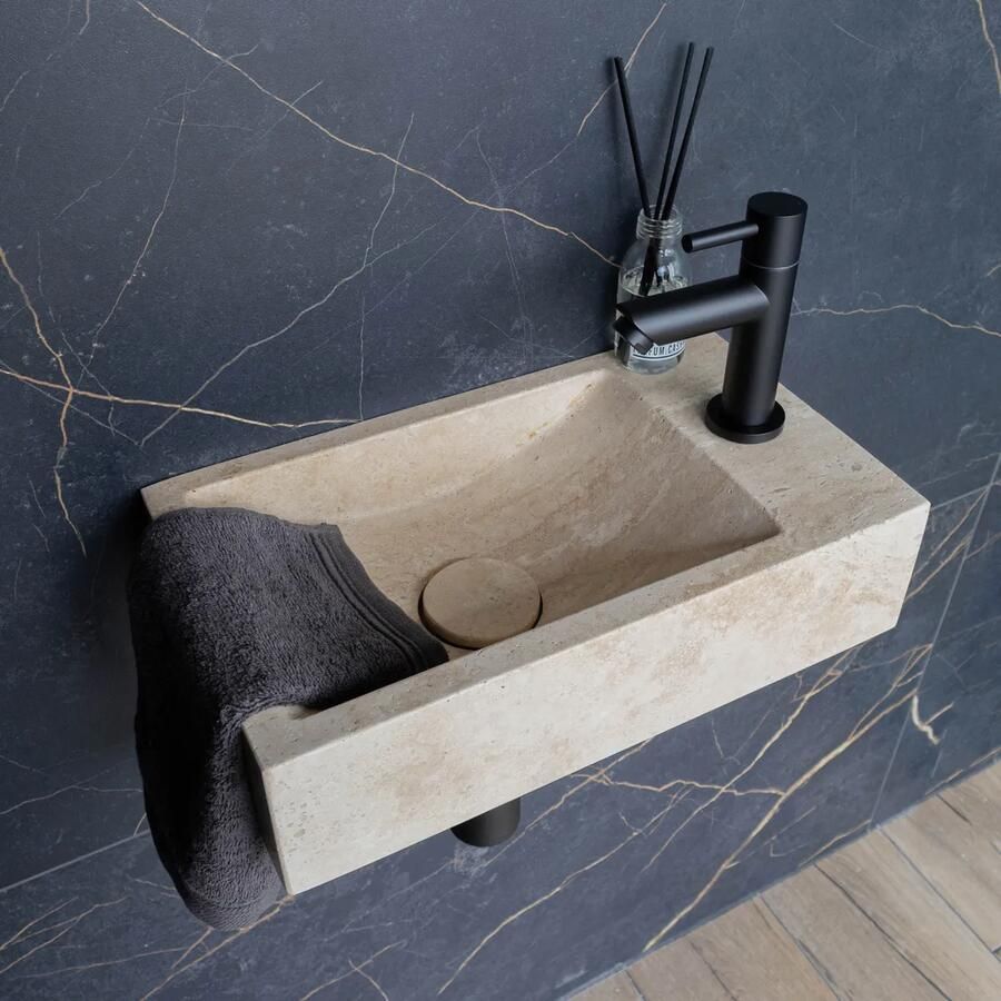 Saniclear White Travertin fonteinset met rechte kraan in mat zwart
